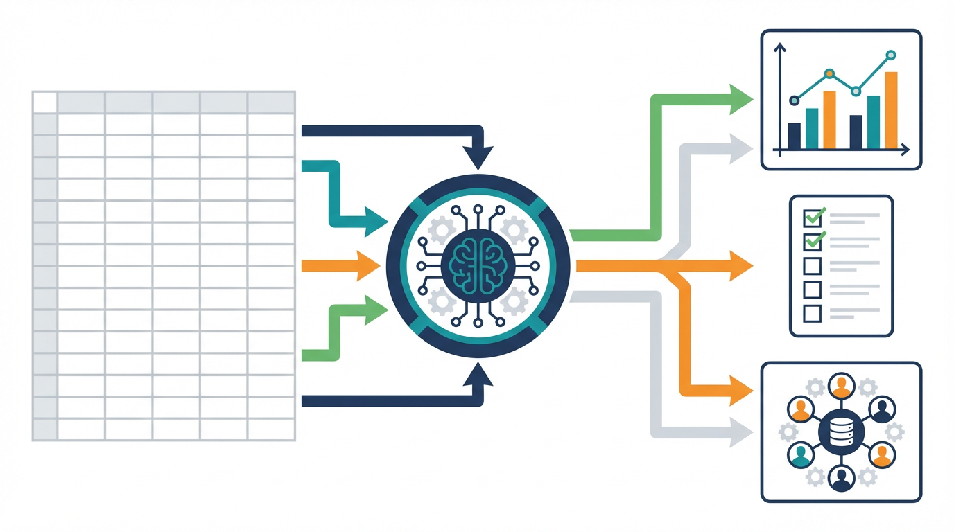 GoogleスプレッドシートとGeminiの機能を、AI関数、列補完、表変換、分析、承認フローに分けて整理した図