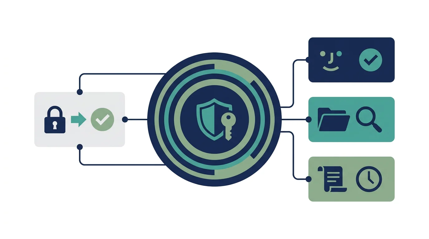 管理者アカウントのパスワード変更通知から初動確認、権限棚卸し、監査記録へ進む流れを示す抽象図