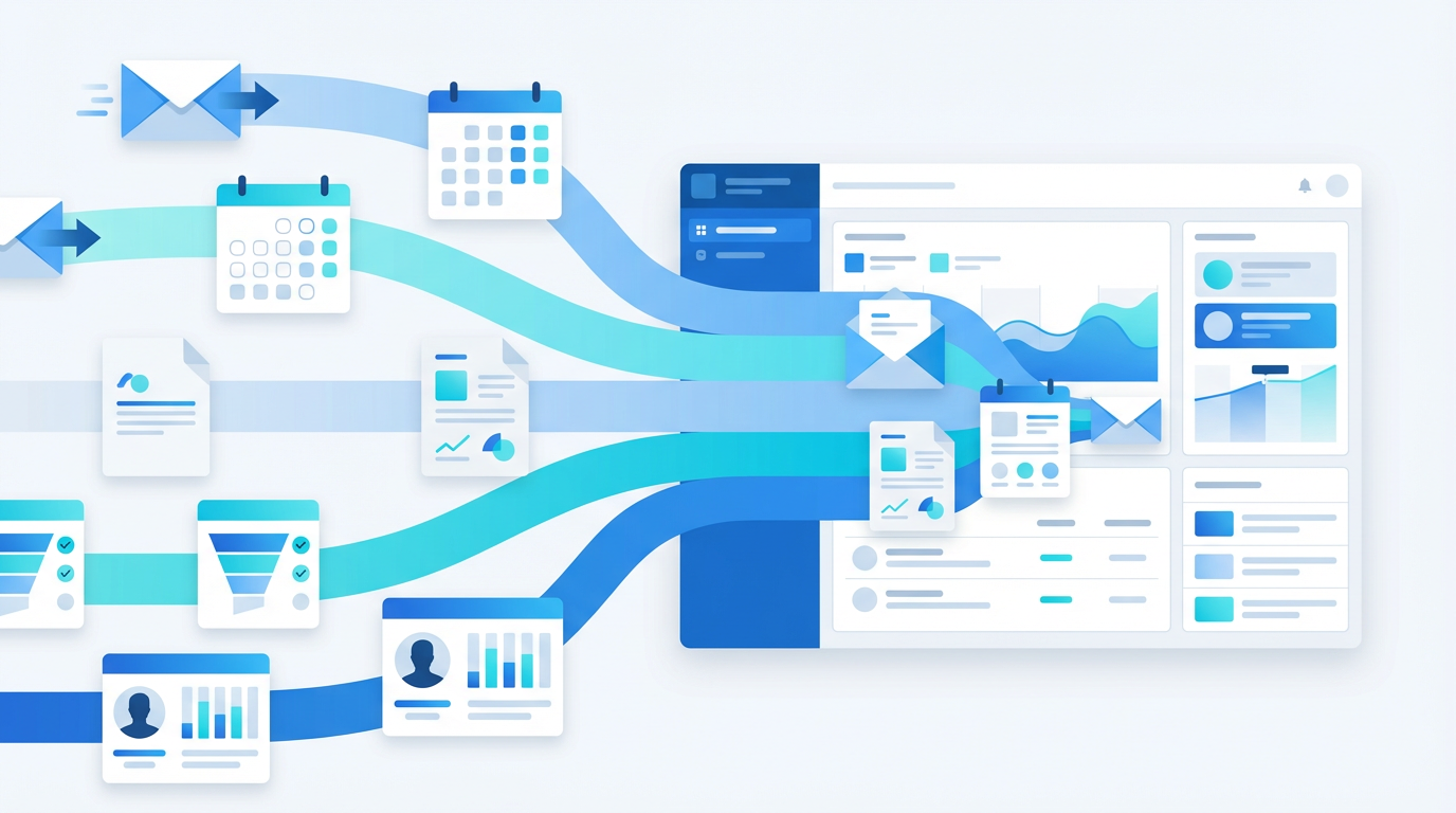 Google Workspace の営業活動が CRM へ自然に集約される流れを表した図