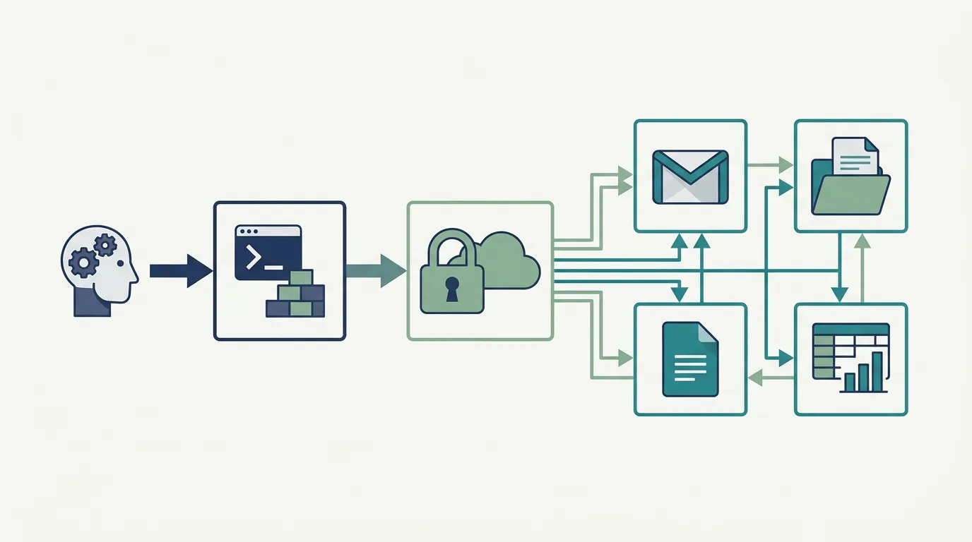 Gmail、Drive、Docs、SheetsをMCPサーバー経由でAIエージェントから扱う接続構造の図