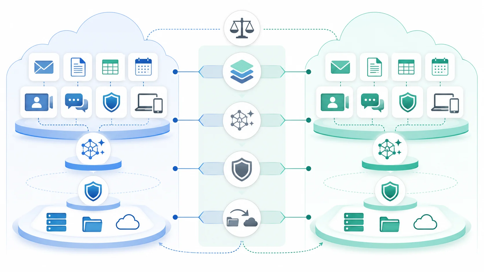 Google WorkspaceとMicrosoft 365を業務正本、AI、セキュリティ、移行の4層で比較した図