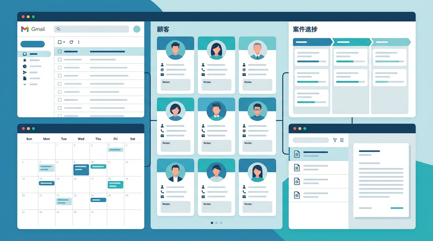 Google Workspace の日常業務から営業管理が更新される構造図