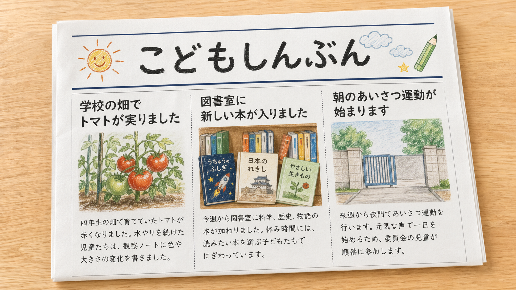 ChatGPTで生成した架空の日本語新聞「こどもしんぶん」の写真
