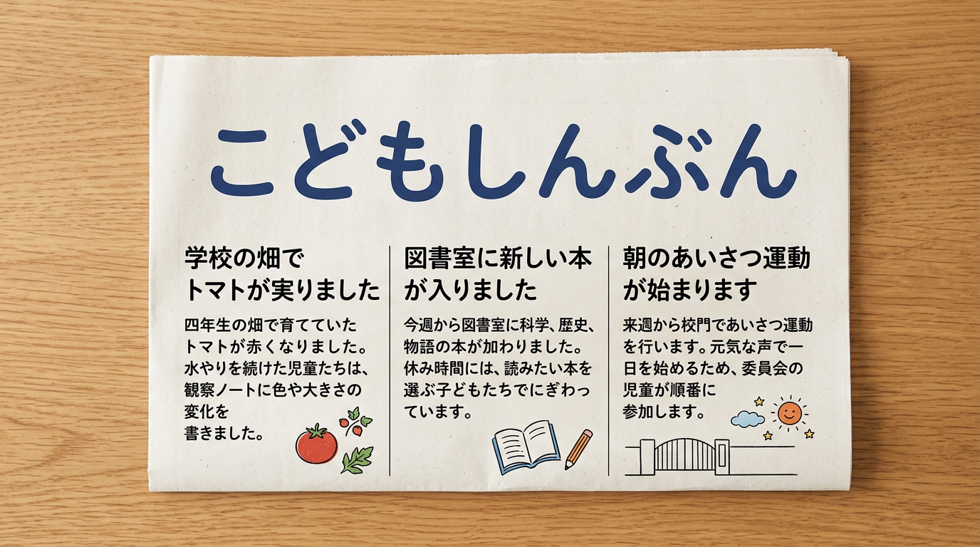Gemini Nano Banana 2で生成した架空の日本語新聞「こどもしんぶん」の写真