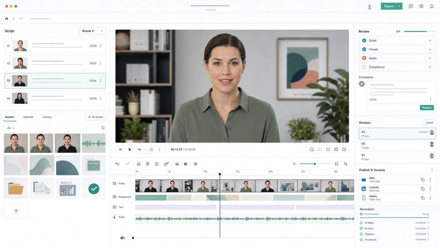 HeyGenとCodexを使った動画制作ワークフローを、台本、素材、動画プレビュー、タイムライン、レビューUIで表現したリアルな画面モックアップ