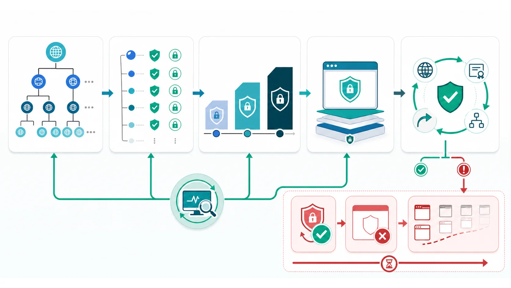 全サブドメインの棚卸しからHSTSの段階適用、Preload登録、継続監視、問題時のHTTPS復旧と削除申請までを示す運用フロー
