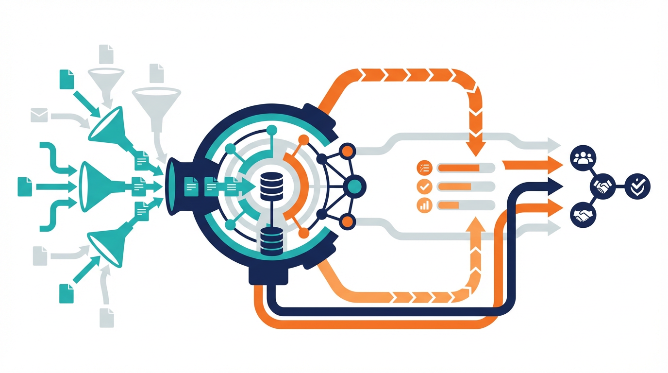 BtoBマーケティングでHubSpotを使う範囲を、リード獲得、ナーチャリング、スコアリング、営業連携で整理した図
