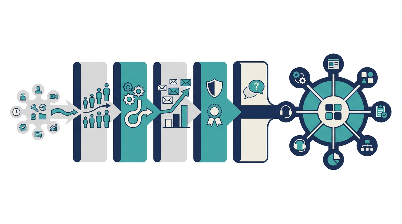 HubSpotの無料運用から有料運用へ移る判断を、人数、自動化、送信量、サポートの5つの壁で整理した図