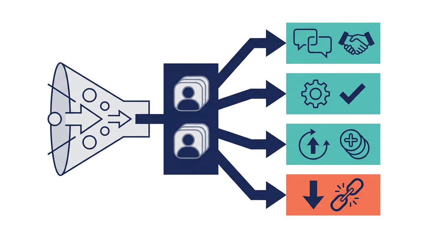 SaaS企業がHubSpotを使う範囲を、リード獲得、商談管理、オンボーディング、アップセル、解約予兆で整理した図