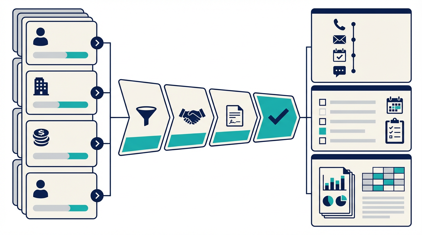 HubSpotの営業管理を、案件管理、活動履歴、次回アクション、営業会議、失注理由で整理した図