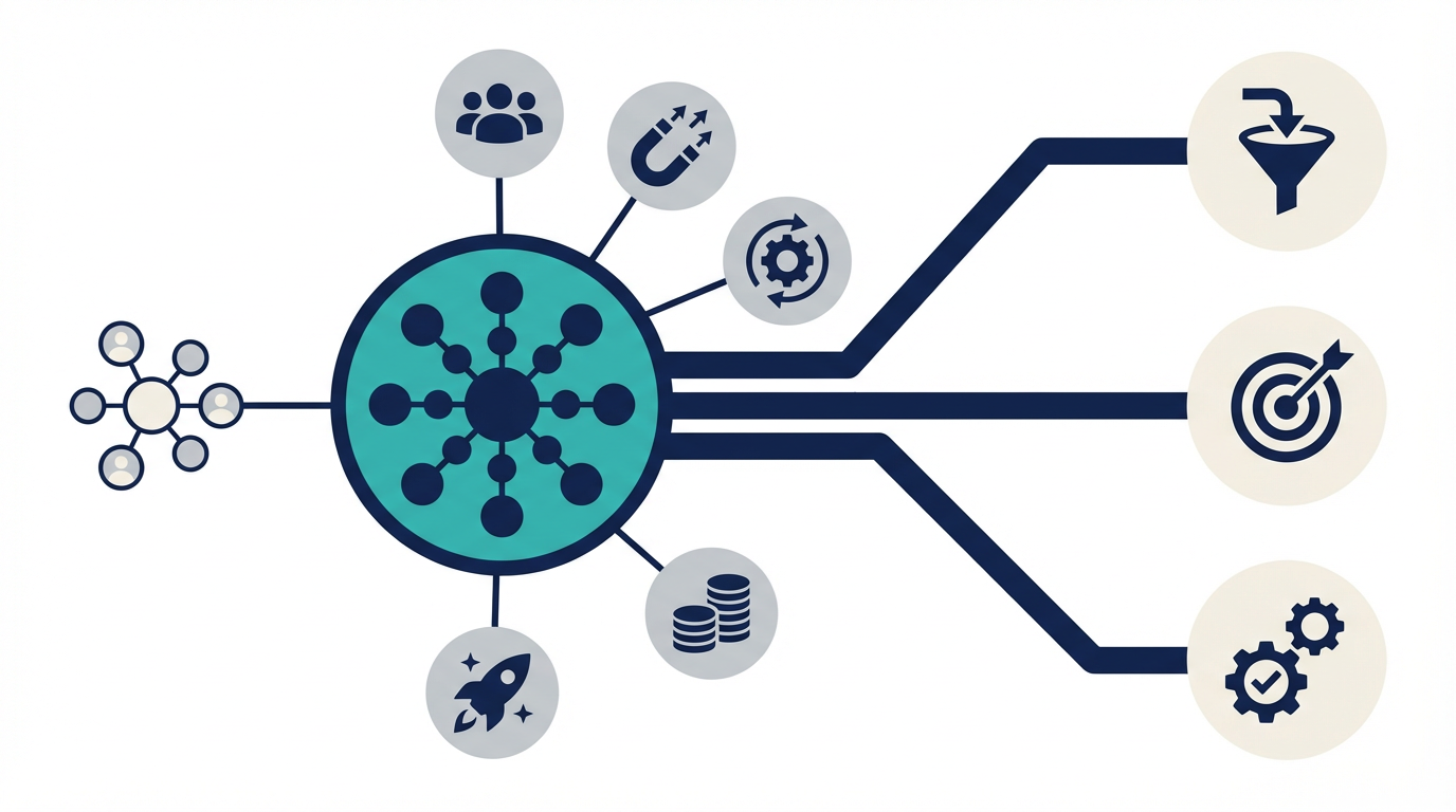 HubSpotをスタートアップが導入する判断を、人数、リード獲得、自動化、費用、出口戦略で整理した図