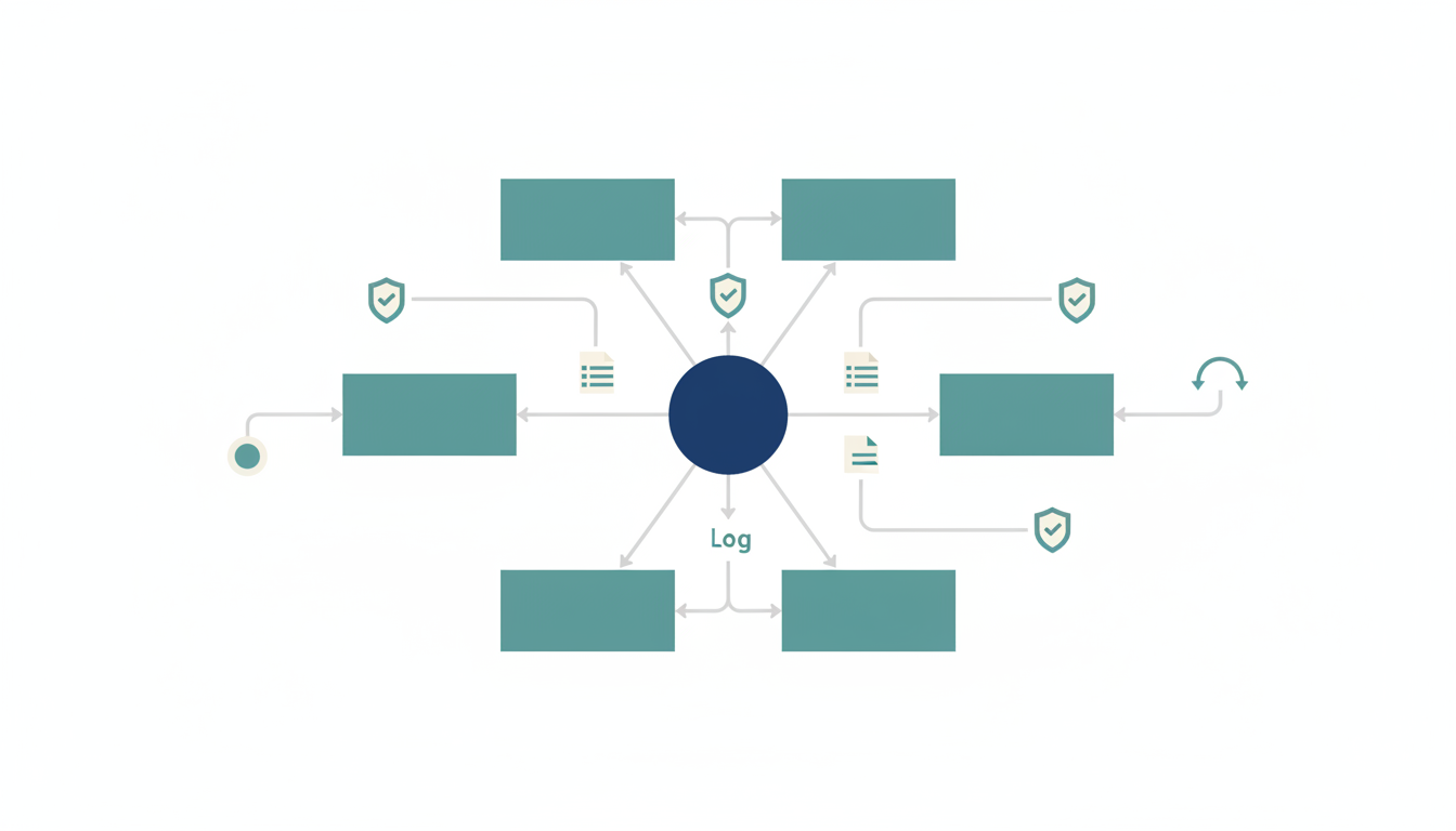 中央のワークフローハブから6つの無地モジュールが接続され、承認とログの経路が分かれた構造を示した図
