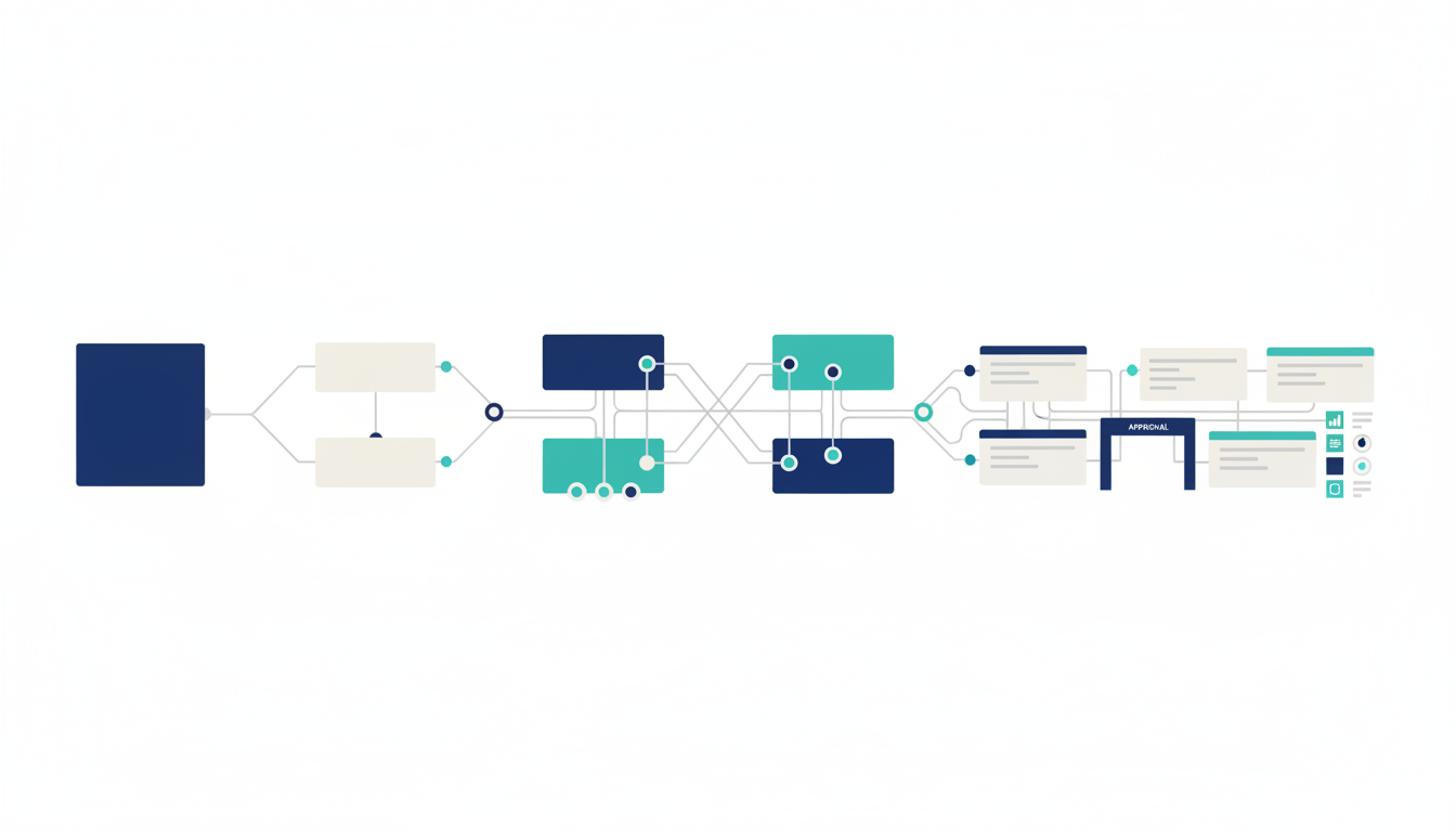 左から右へ4つの無地モジュール群が広がり、判断点と接続範囲が増えていく構造を示した図