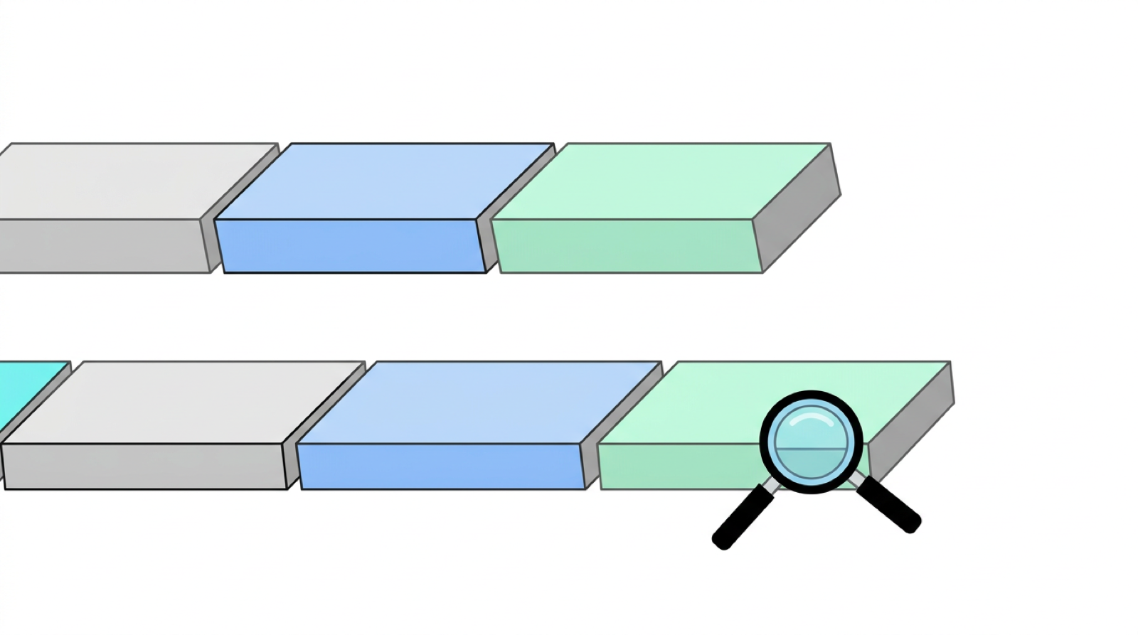 二列の業務ブロックと確認用の虫眼鏡で二つの業務経路を比較するイラスト