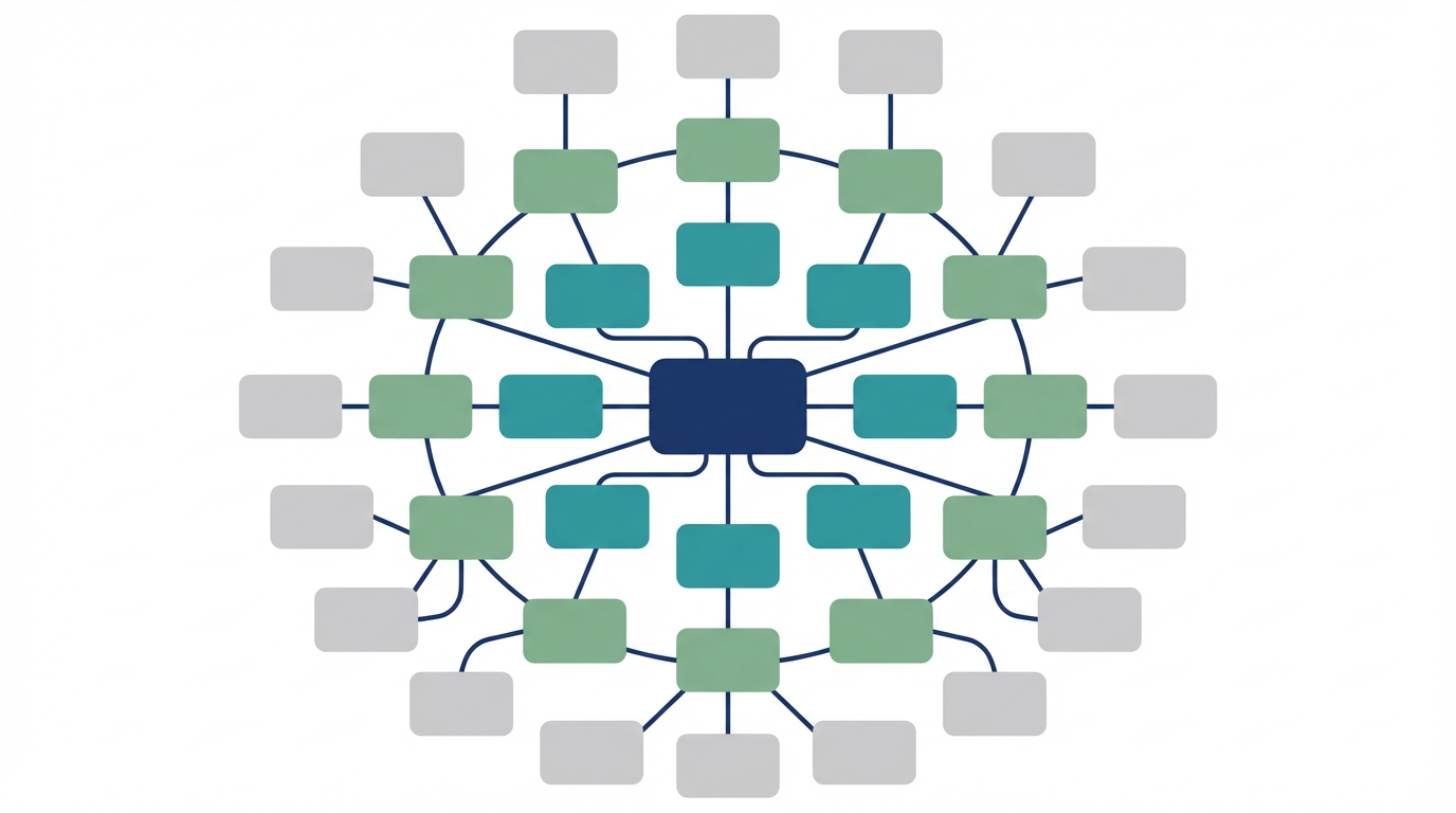 AI検索時代の内部リンク構造を、hub、support、proof、bridge の4役割で整理した図