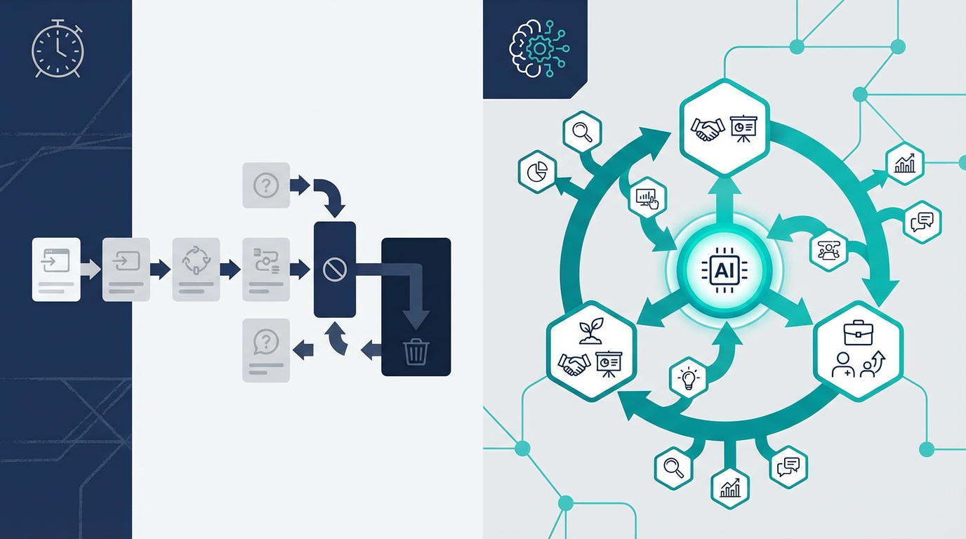 旧来の一斉ナーチャリングと、AIで状態別に再設計した運用の違いを整理した図