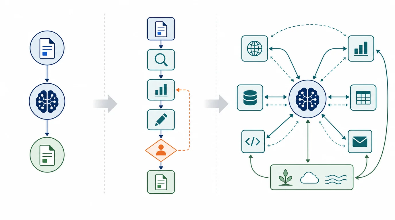 単発LLM、AIワークフロー、AIエージェントを、手順の固定度、ツール利用、確認ポイントで比較した図