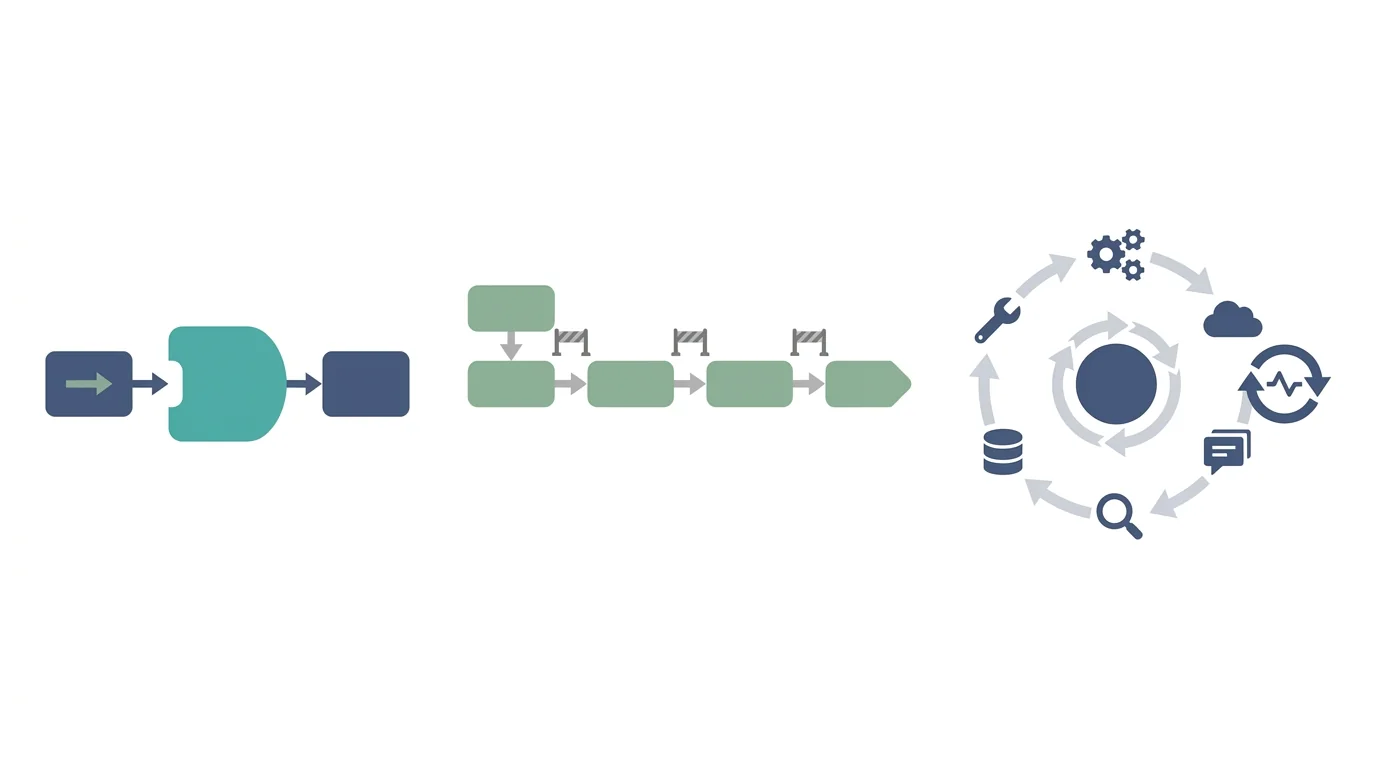 単発LLM、AIワークフロー、AIエージェントを3段階の業務実行レイヤーとして整理した抽象図