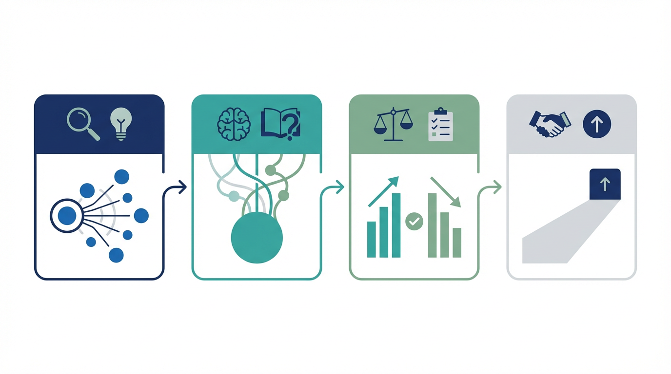 LLMOのKPIを、発見、理解、比較、商談前の4段階ダッシュボードとして整理した図