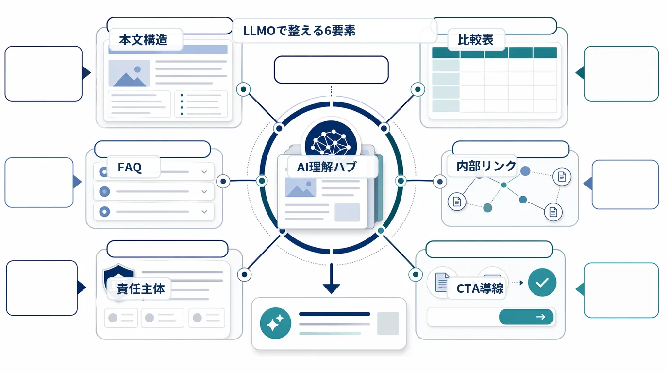 LLMOを、本文構造、FAQ、責任主体、比較表、内部リンク、CTA導線、AI理解ハブの関係で整理した図