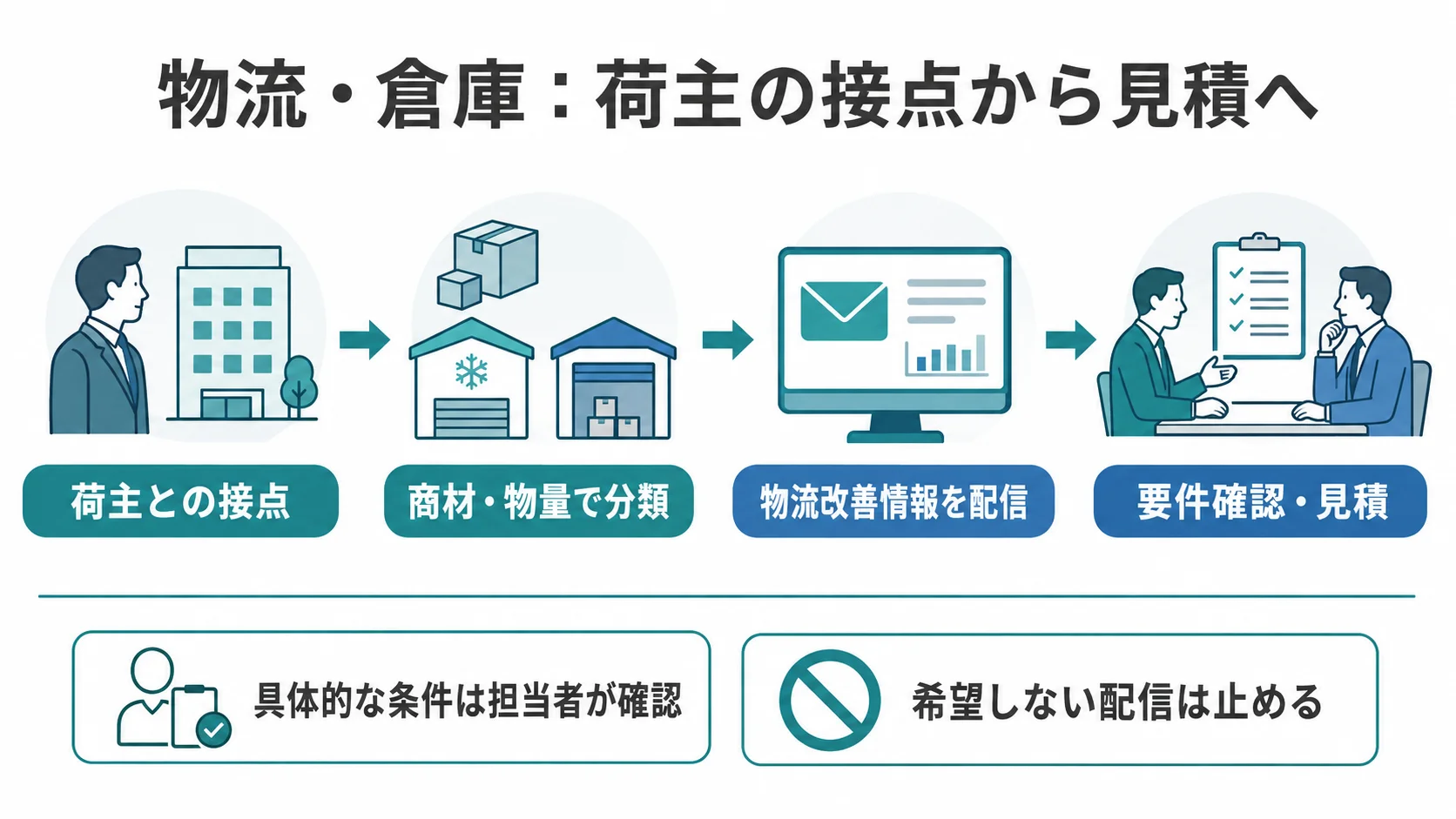 物流・倉庫業のMA活用を「荷主との接点 → 商材・物量で分類 → 物流改善情報を配信 → 要件確認・見積」の順に整理した図