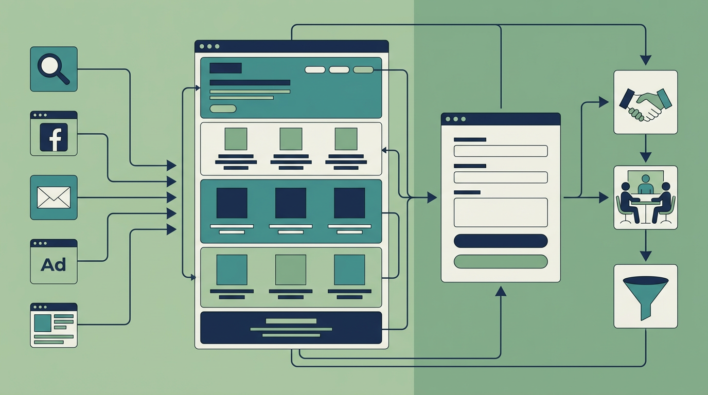 LP改善を流入元、訴求ブロック、フォーム、商談化フィードバックで整理した図