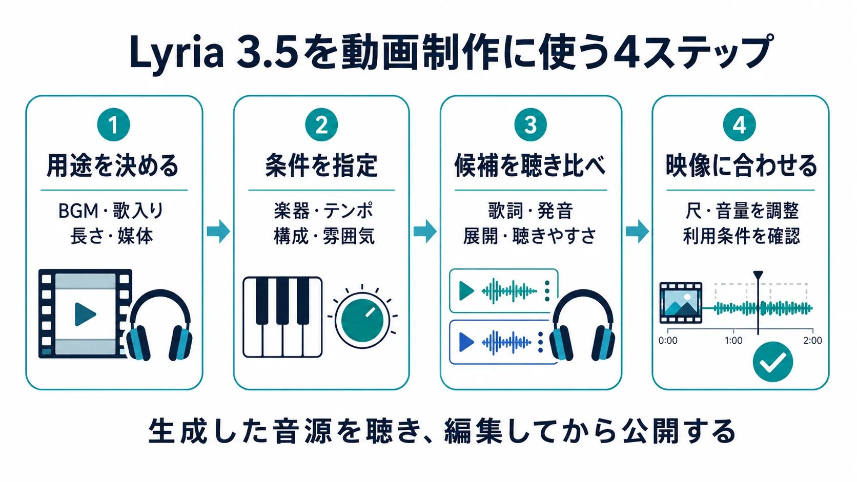 用途を決める、条件を指定する、候補を聴き比べる、映像に合わせるという音楽制作の4ステップ