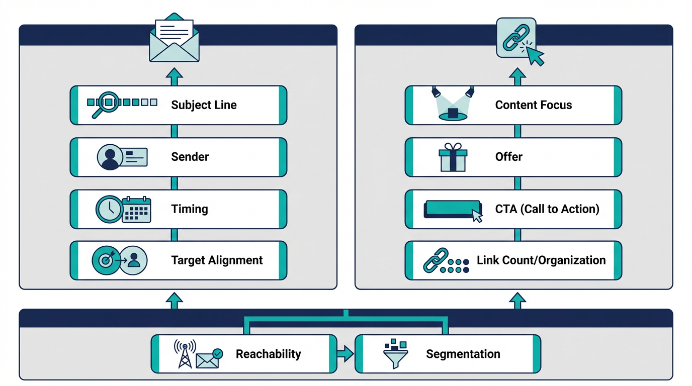 BtoBメールの開封率は件名と対象の一致、クリック率は本文の焦点とCTAの明確さで変わることを整理した図