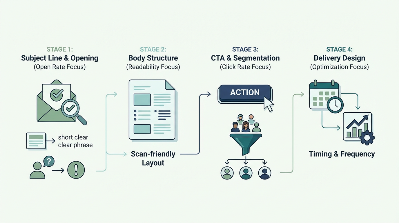 BtoBメールマーケティングで開封率・クリック率が上がる文面とは？件名・構成・CTA・配信設計を実務で整理する