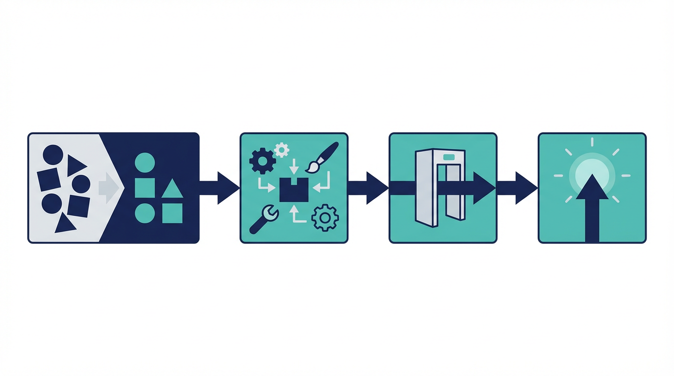 マーケティングAI導入手順を、チャネル選定から定着まで並べた図