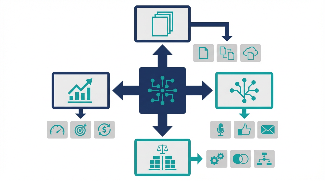 マーケティングAIのLLMOを、親記事、チャネル別、比較、KPIの4役割で整理した図