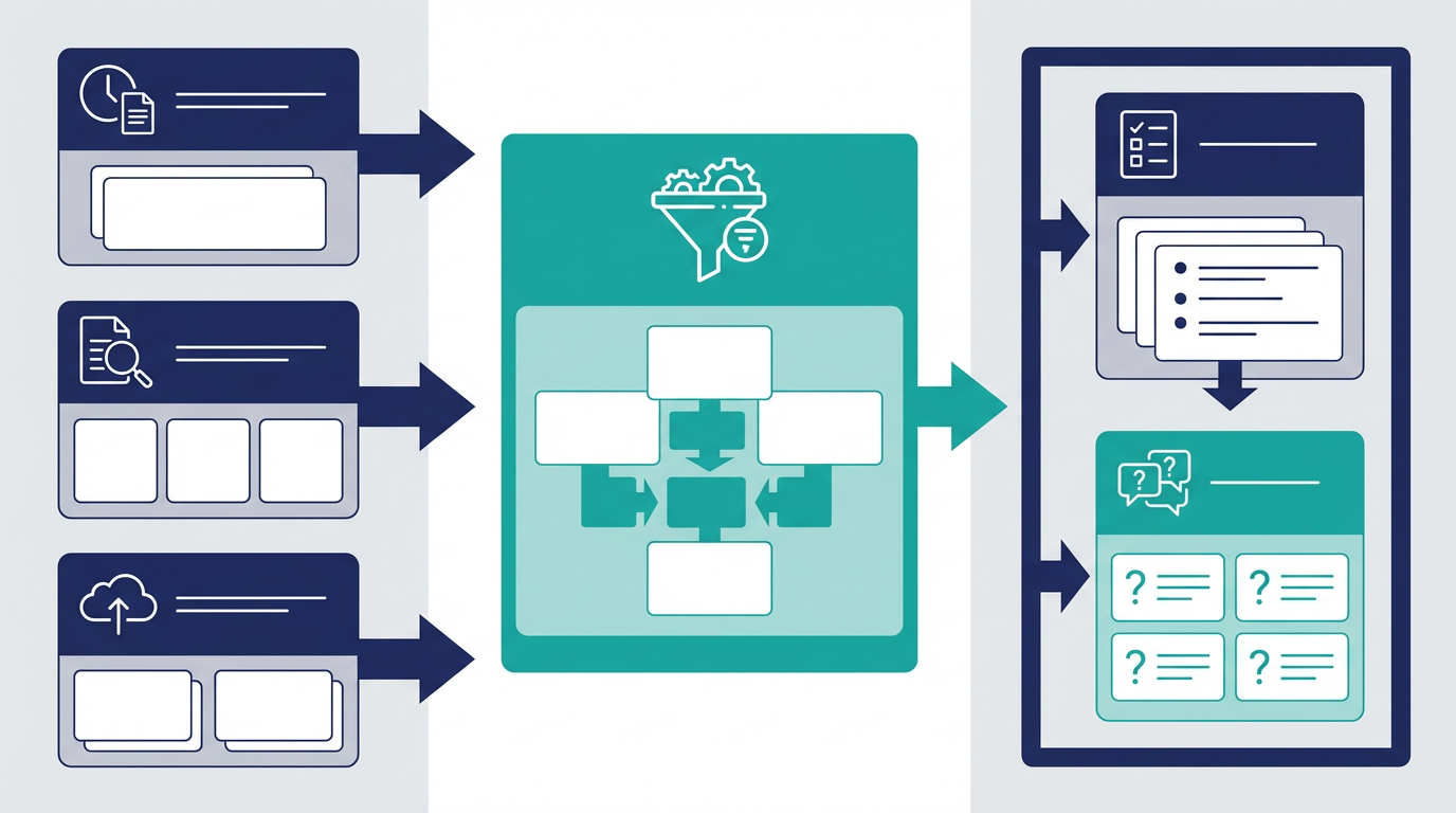 商談準備AIが事前情報を論点整理と質問案にまとめる流れを示した図
