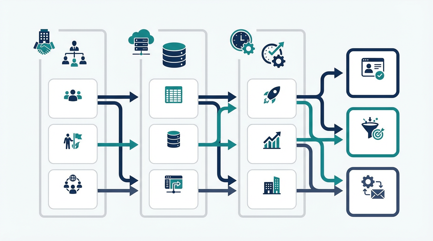 Microsoft 365起点の営業管理を、Microsoft 365単体運用、既存CRM連携、一体型CRM導入の3層で整理した図