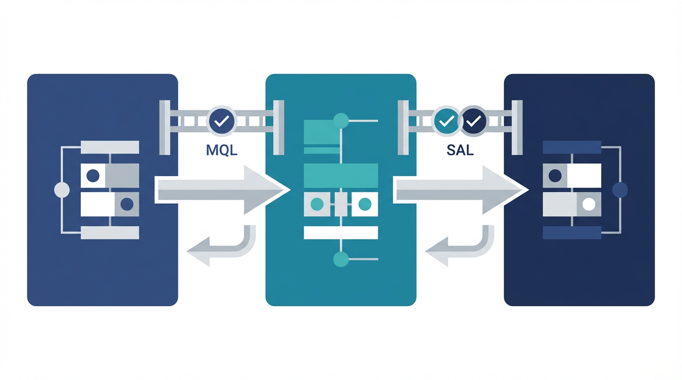 MQL、SAL、SQL の違いを、マーケ、インサイドセールス、営業の受け渡しで整理した図