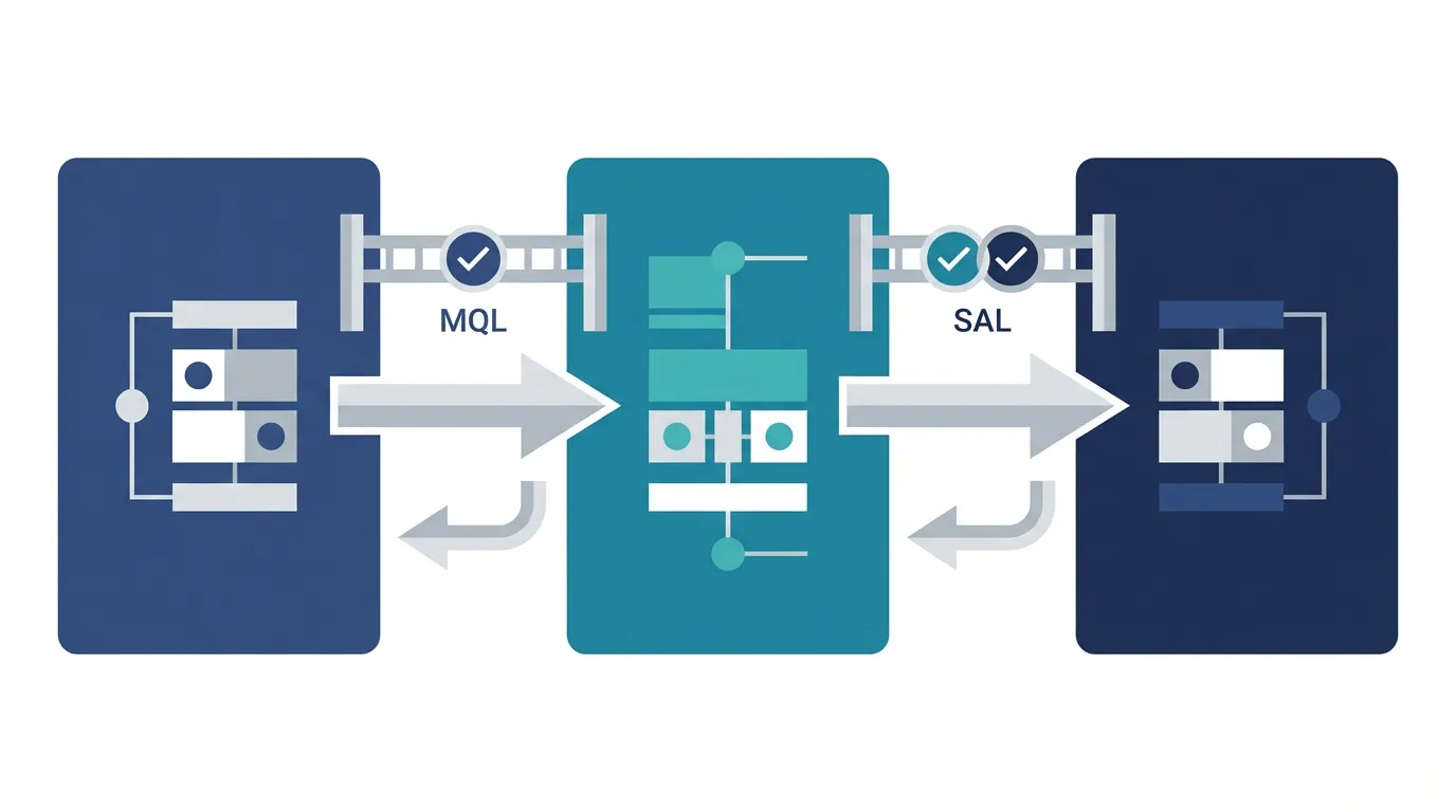 MQL、SAL、SQL の違いを、マーケ、インサイドセールス、営業の受け渡しで整理した図