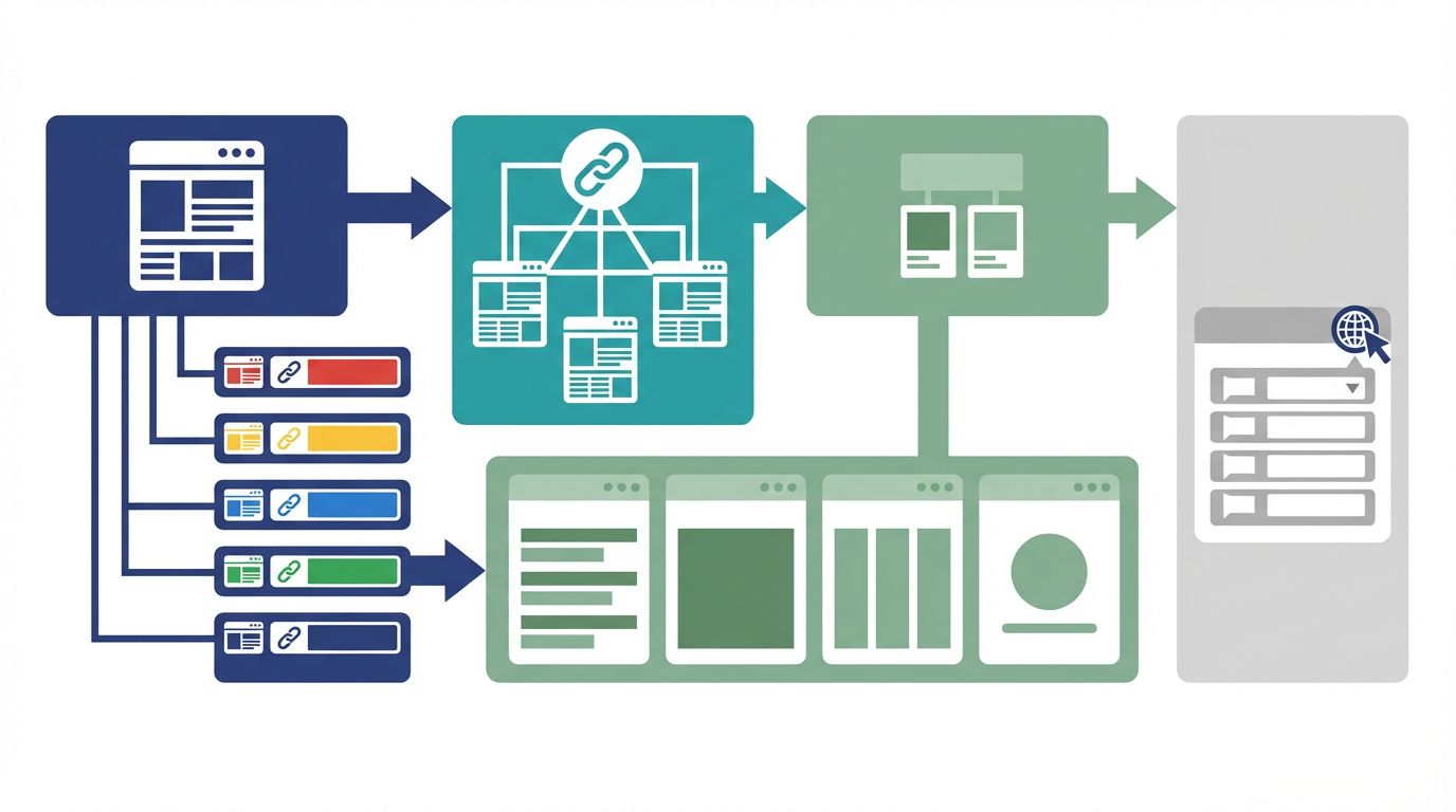 多言語サイトのLLMOを、別URL、hreflang、言語別本文、言語切替導線の4要素で整理した図