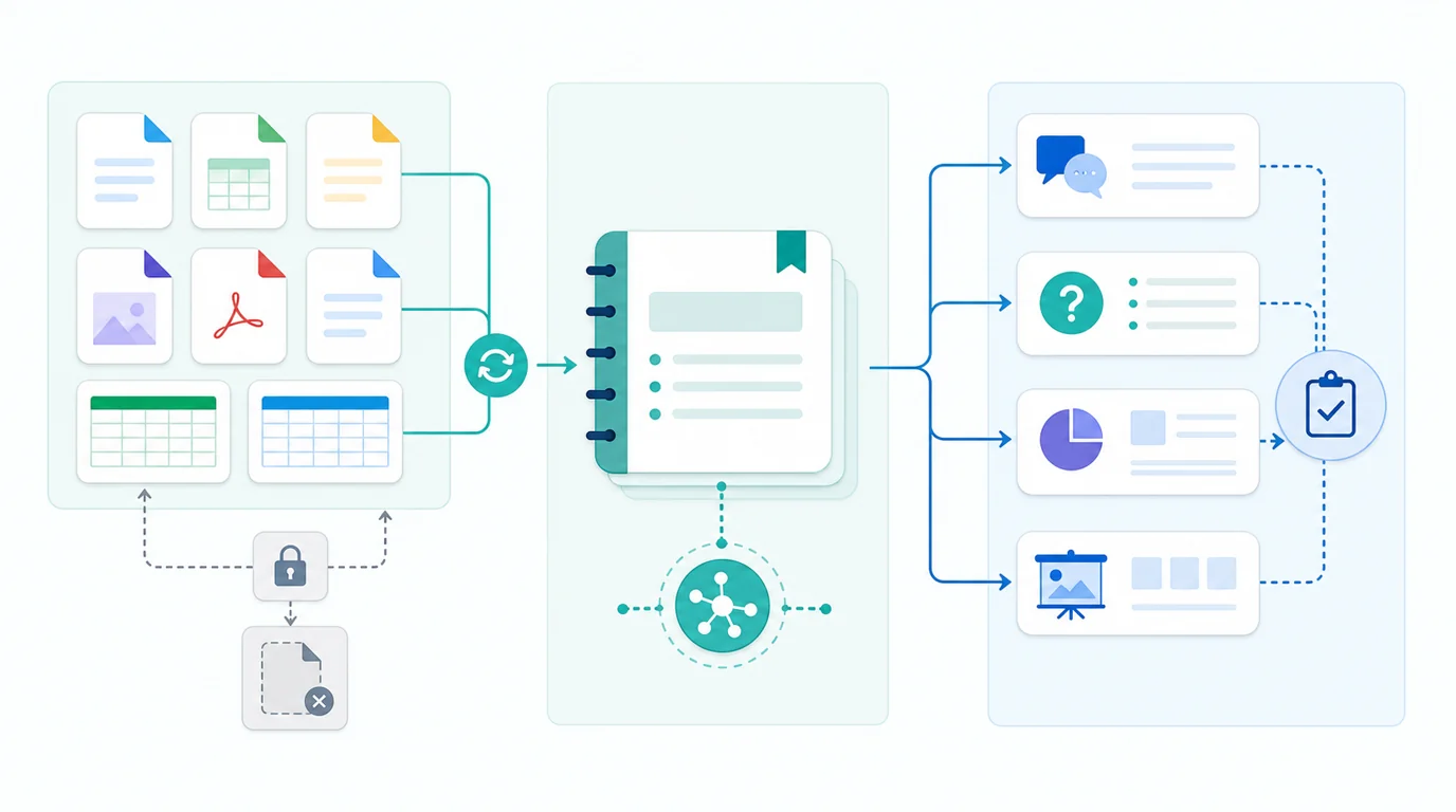 Google Driveの資料更新がNotebookLMのソース層へ同期され、回答・FAQ・資料作成に使われる流れを整理した図