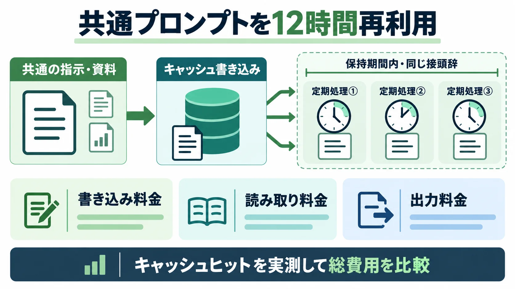 共通の指示・資料をキャッシュへ書き込み、保持期間内の同じ接頭辞を定期処理で読み取り、書き込み・読み取り・出力料金を比較する図
