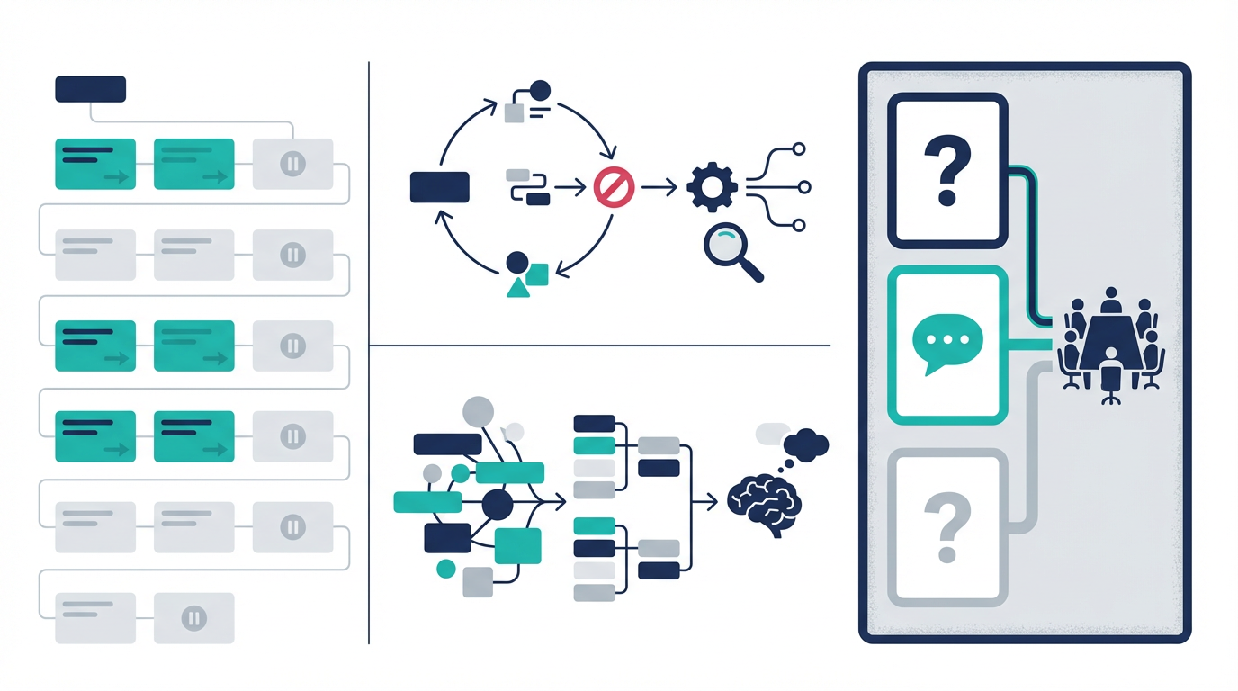 パイプラインレビューAIが停滞案件と予測差分を整理し、会議の判断論点だけを残す流れを示した図
