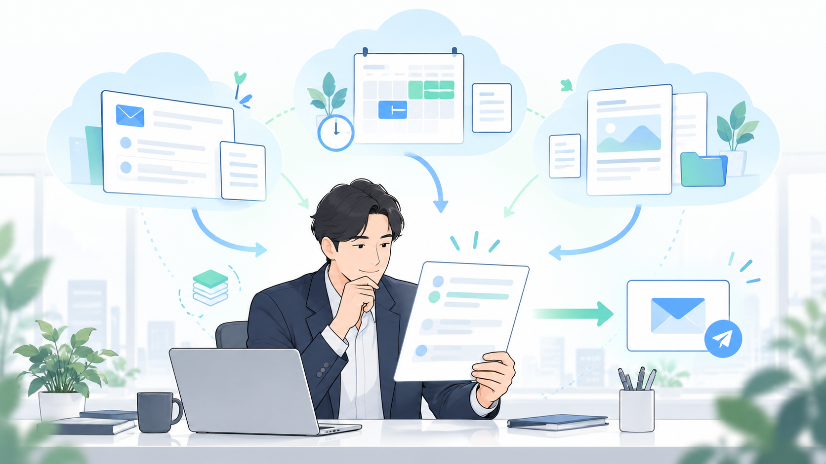 クラウド上でメール・予定・資料の確認を続けるAIと、まとめられた情報を見て判断するビジネス担当者