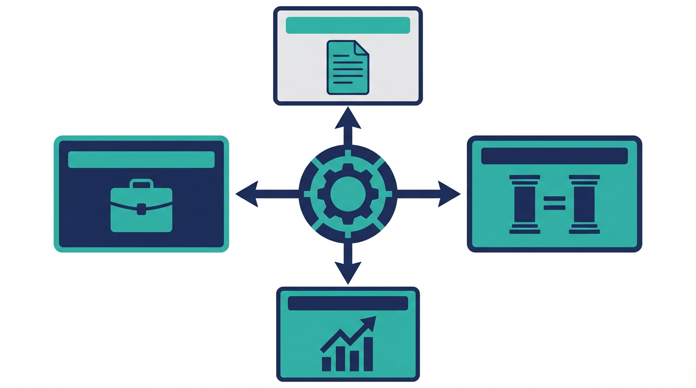 営業AIのLLMOを、親記事、業務別、比較、KPIの4役割で整理した図