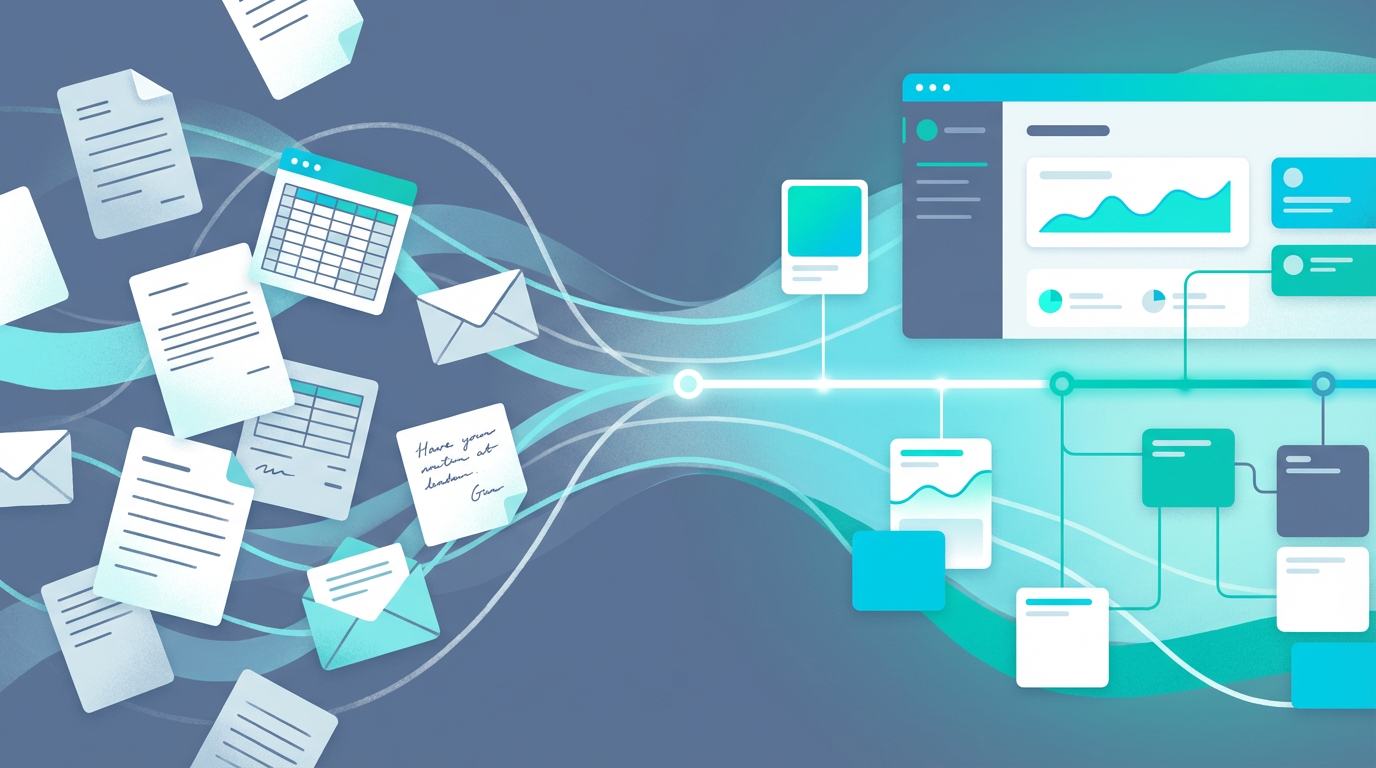 散在した営業情報が営業 DX によって一つの運用基盤へ整理される図