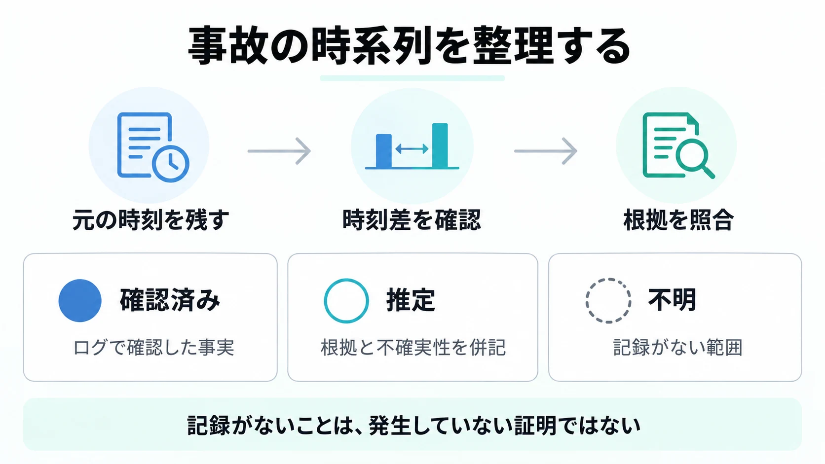 事故の時系列を整理する流れを、元の時刻を残す、時刻差を確認、根拠を照合の3段階と、確認済み・推定・不明の区分で示した図
