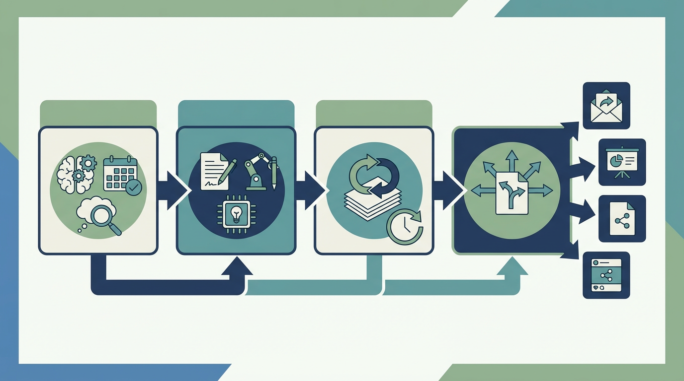 SEO業務を調査、構成、改善、更新の4工程で整理し、AIの補助ポイントを示した図