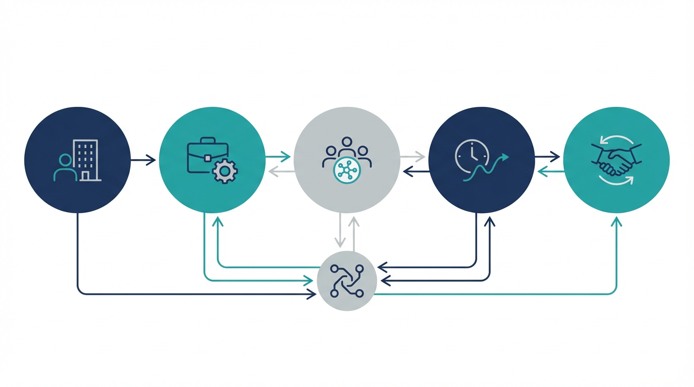SES向けCRMで見るべき情報を、顧客、案件、要員、稼働、契約更新の5要素で整理した図