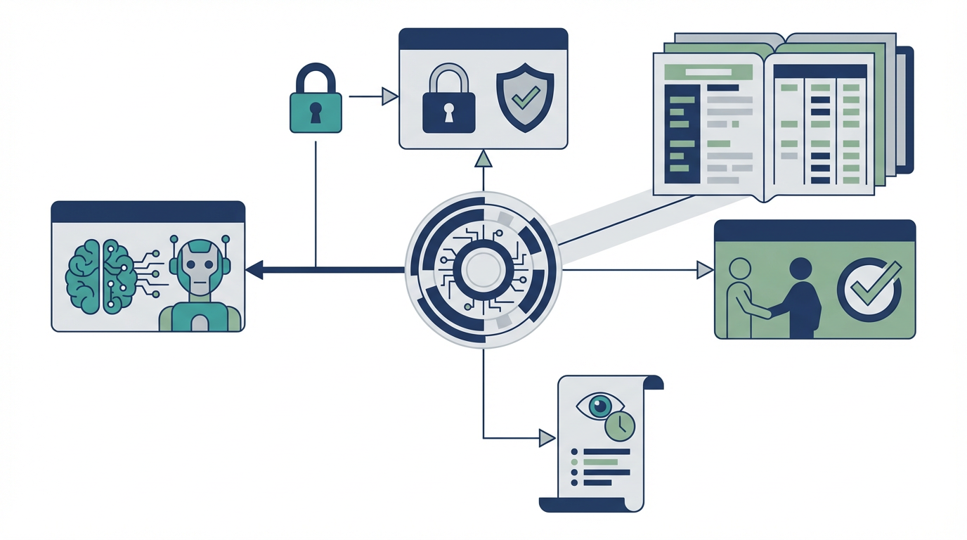 AIエージェント基盤としてSoAが権限、承認、監査ログ、SoR更新を制御する図