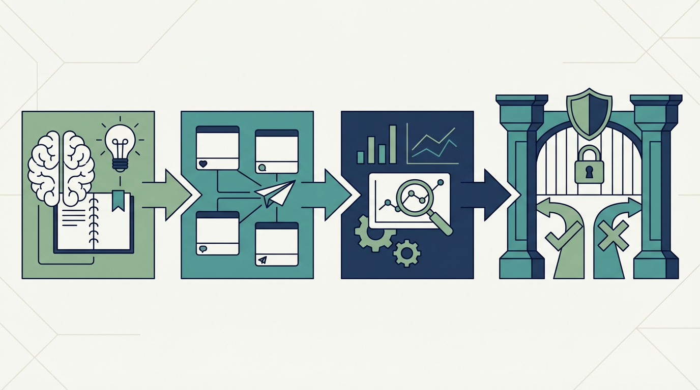 SNS運用を企画、投稿、反応分析、リスク確認で整理した図