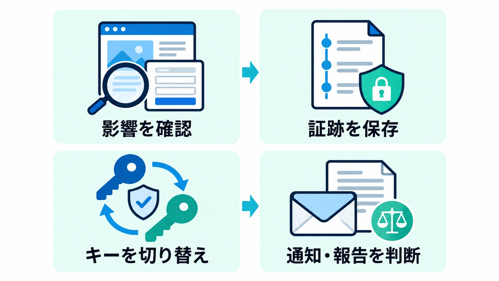 Studio利用企業が影響を確認し、証跡を保存し、キーを切り替え、通知と報告を判断する流れ