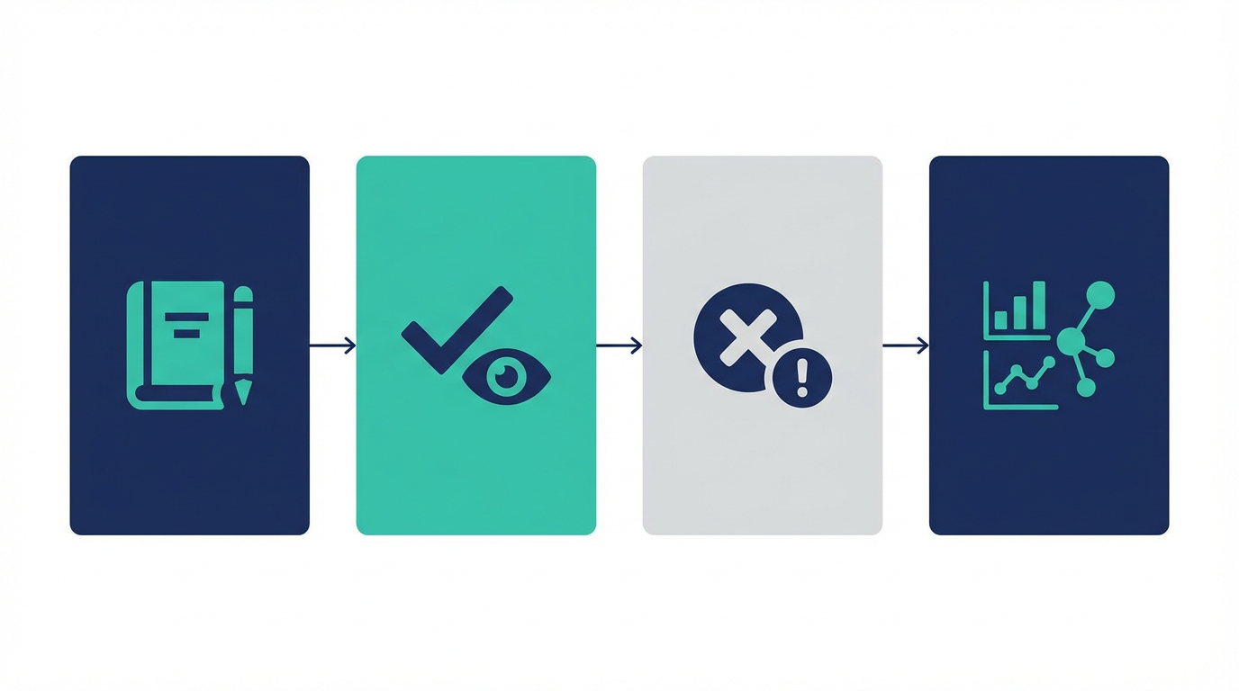 UTM設計を、命名辞書、配信前レビュー、例外ログ、レポート接続の4要素で整理した図