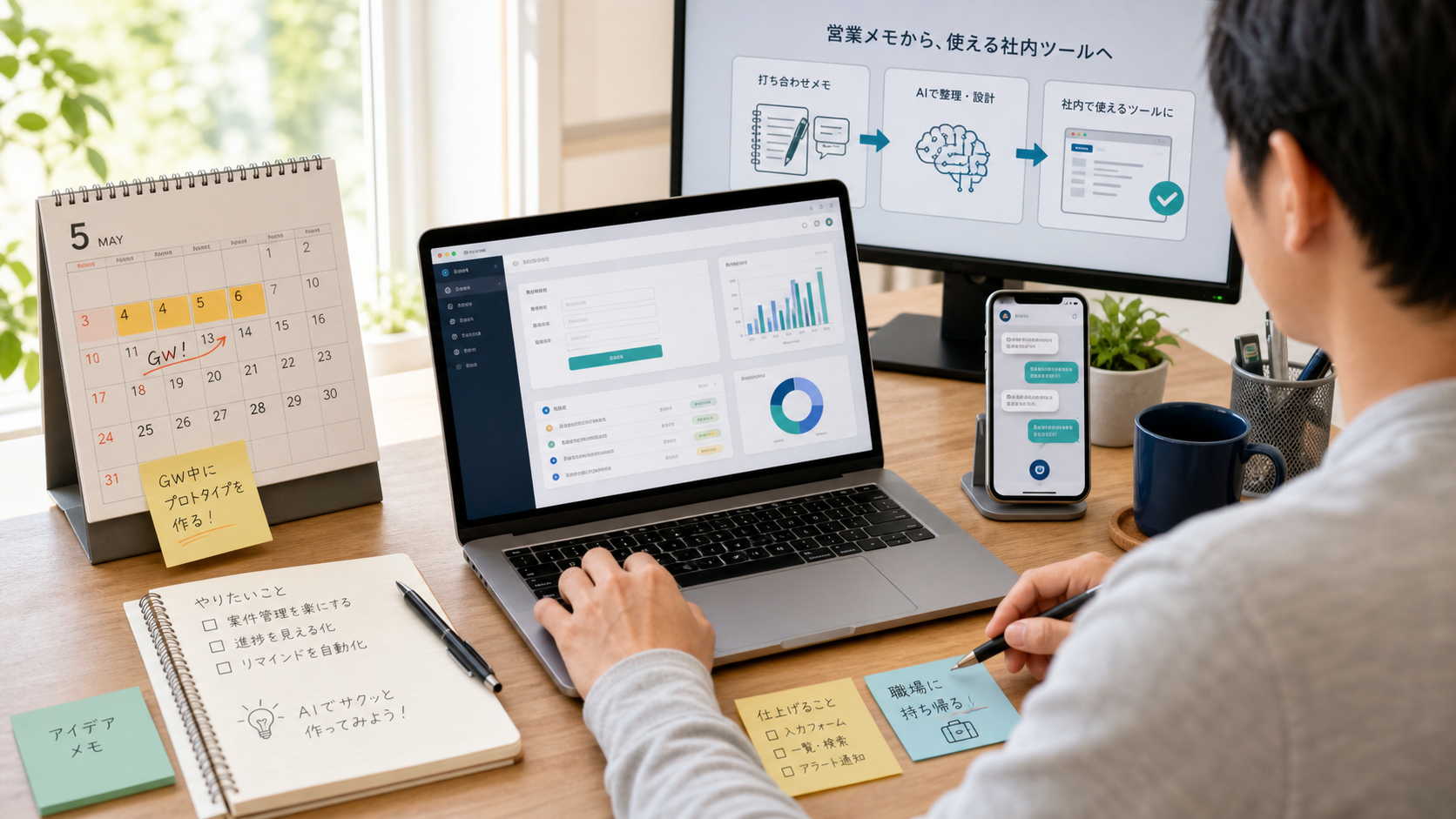 ゴールデンウィーク中に自宅でAIチャットを使いながら、営業メモから社内ツールの試作を作っている様子